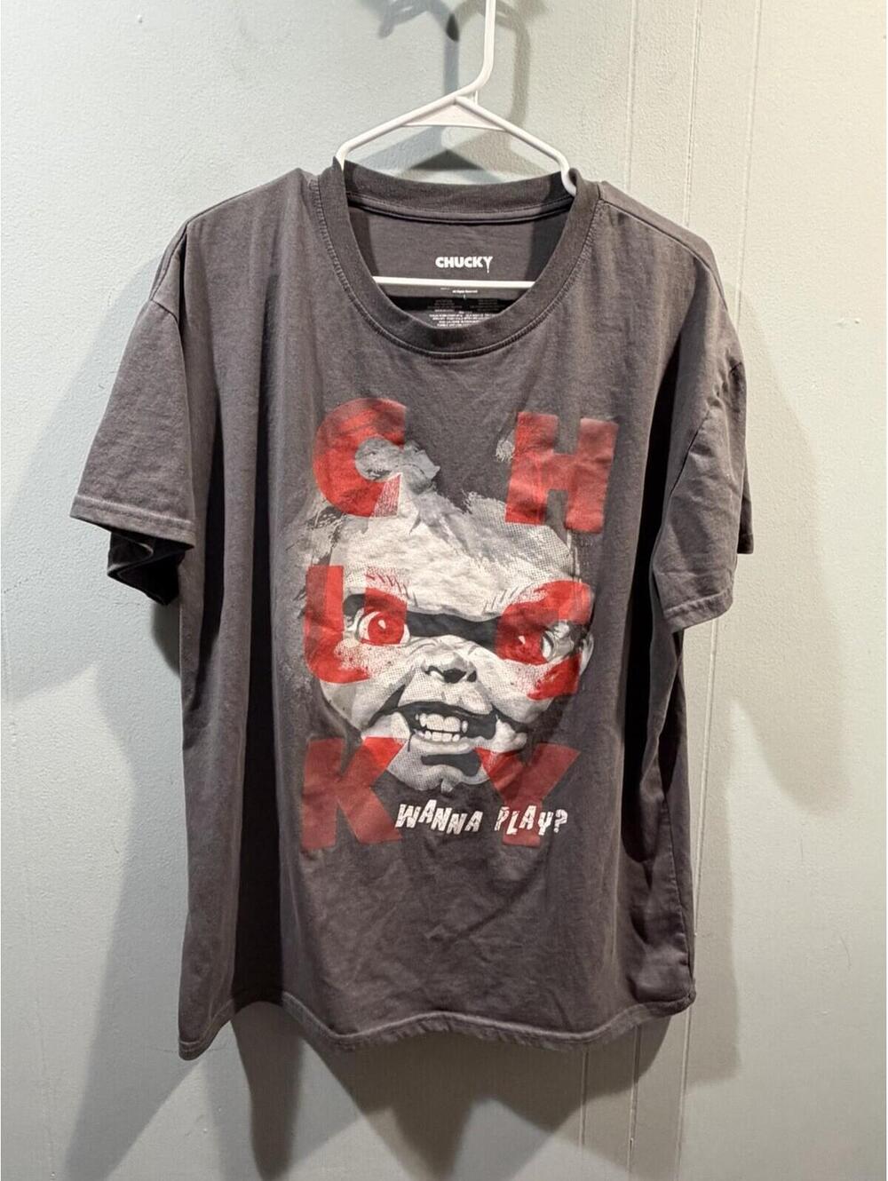 Unisex Chucky T Shirt Size Large Dark Gray Wanna Play? Print